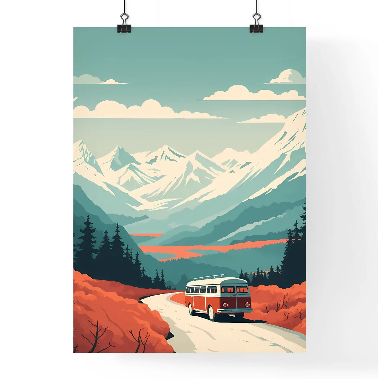 Bus Driving On A Road In Front Of Mountains  Poster