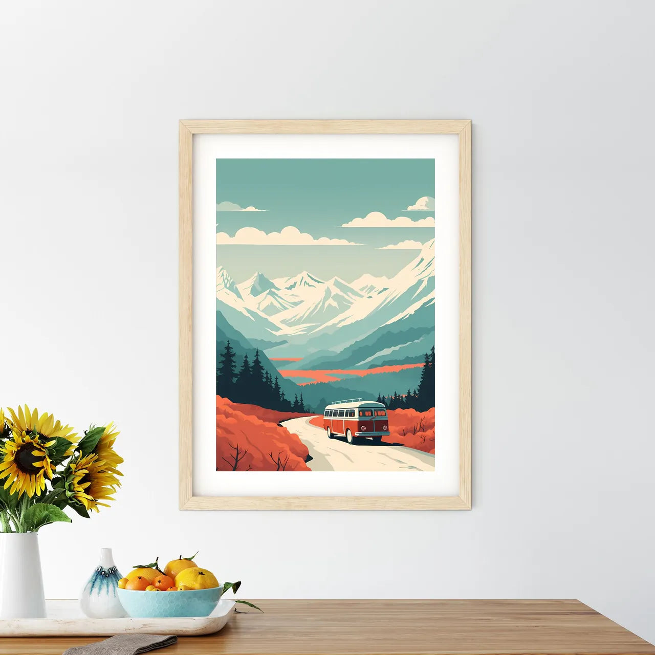 Bus Driving On A Road In Front Of Mountains  - Kitchen Hangings