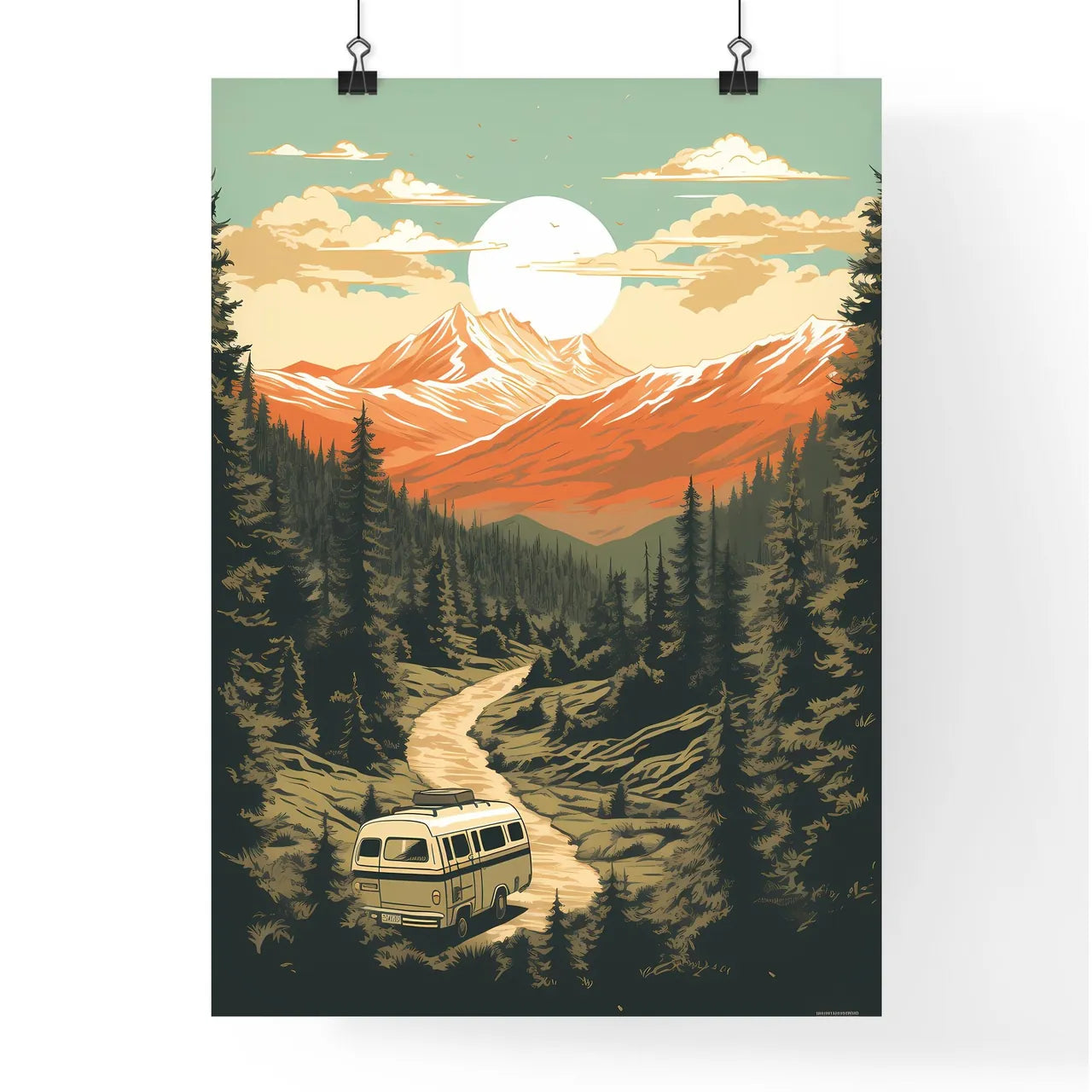 Van Driving Through A Forest Art Prin Poster