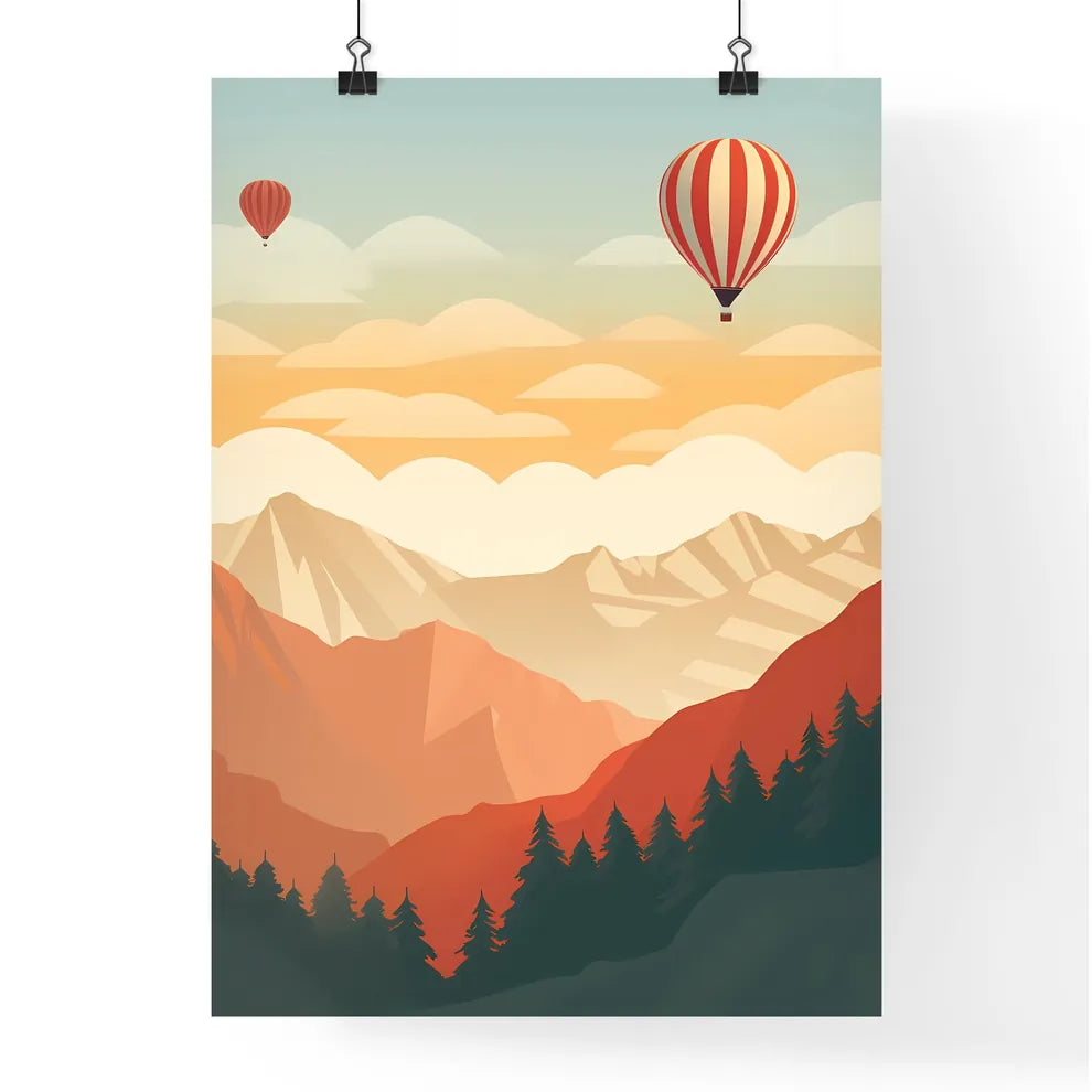 Landscape With Mountains And Hot Air Balloon Poster