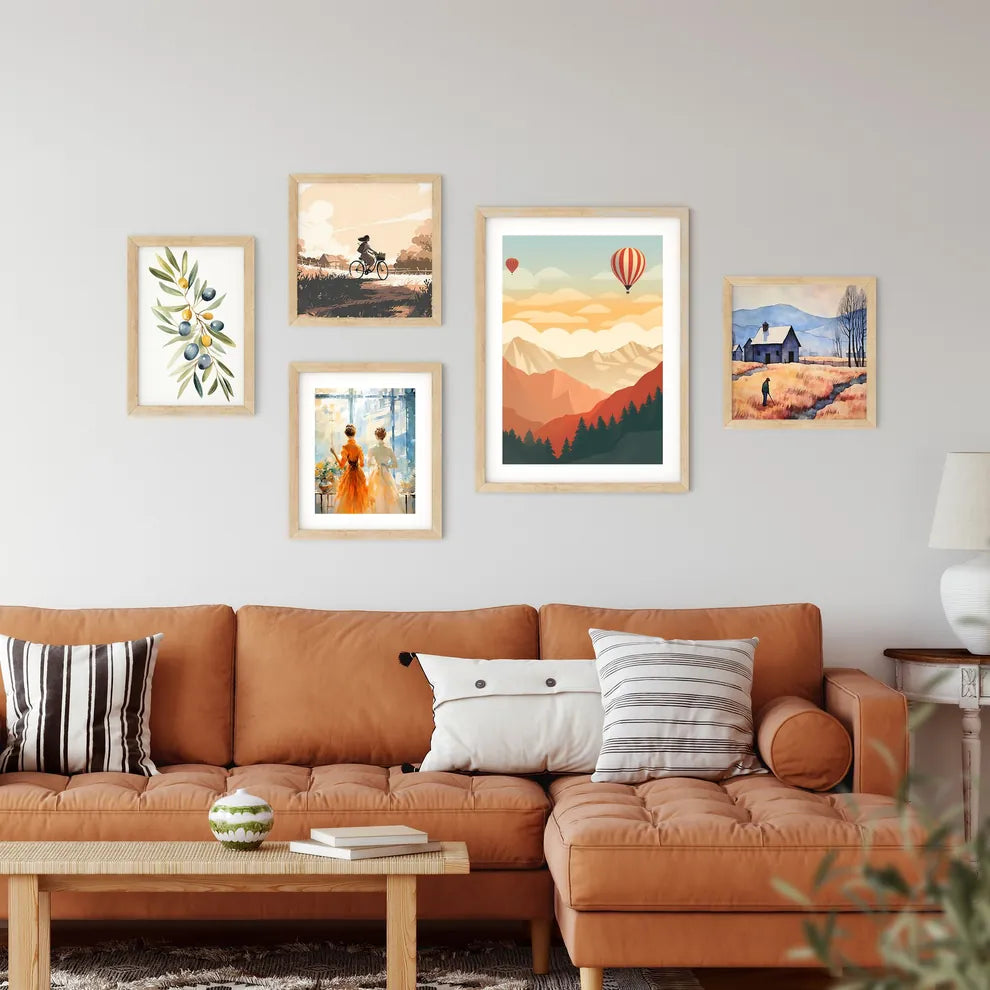 Landscape With Mountains And Hot Air Balloon Framed Print