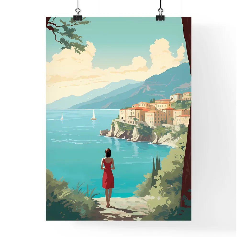 Woman Looking At A Town On A Cliff Overlooki Poster