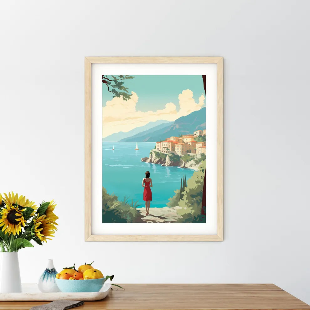 Woman Looking At A Town On A Cliff Overlooki - Kitchen Hangings
