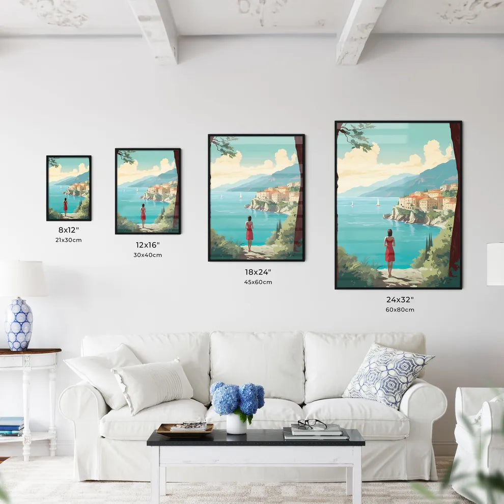 Woman Looking At A Town On A Cliff Overlooki Wall Art