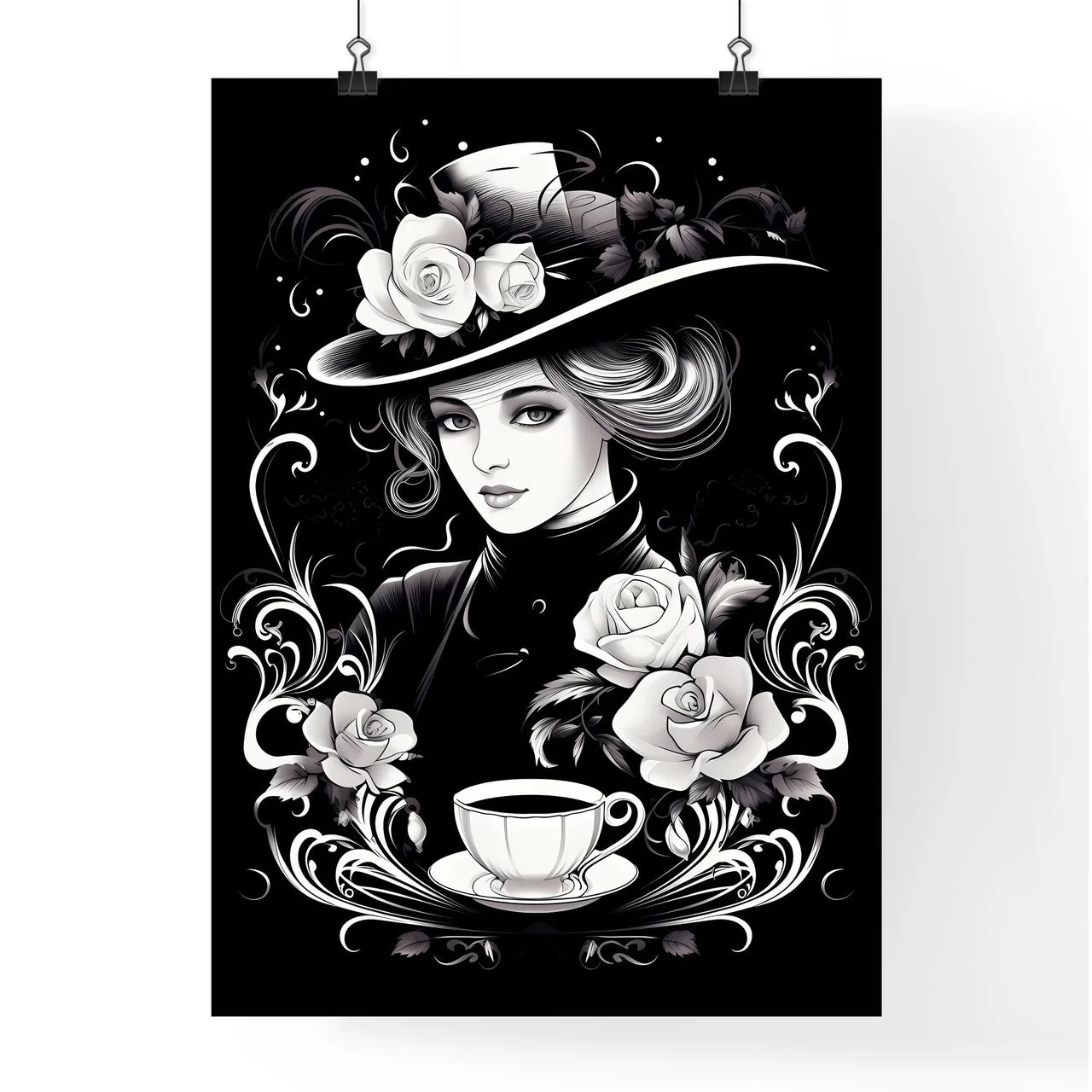 Woman In A Hat With Roses And A Cup Of Coffe Poster