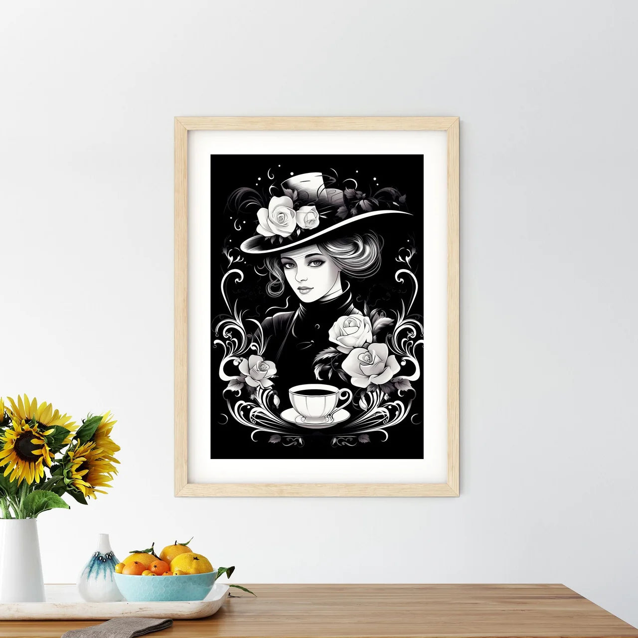 Woman In A Hat With Roses And A Cup Of Coffe - Kitchen Hangings