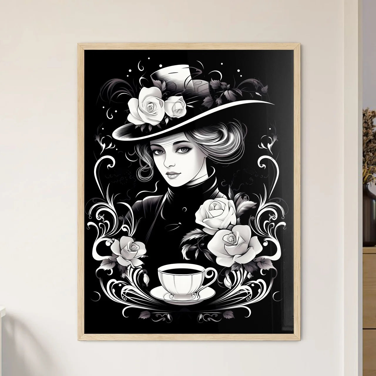 Woman In A Hat With Roses And A Cup Of Coffe - Framed Art Print