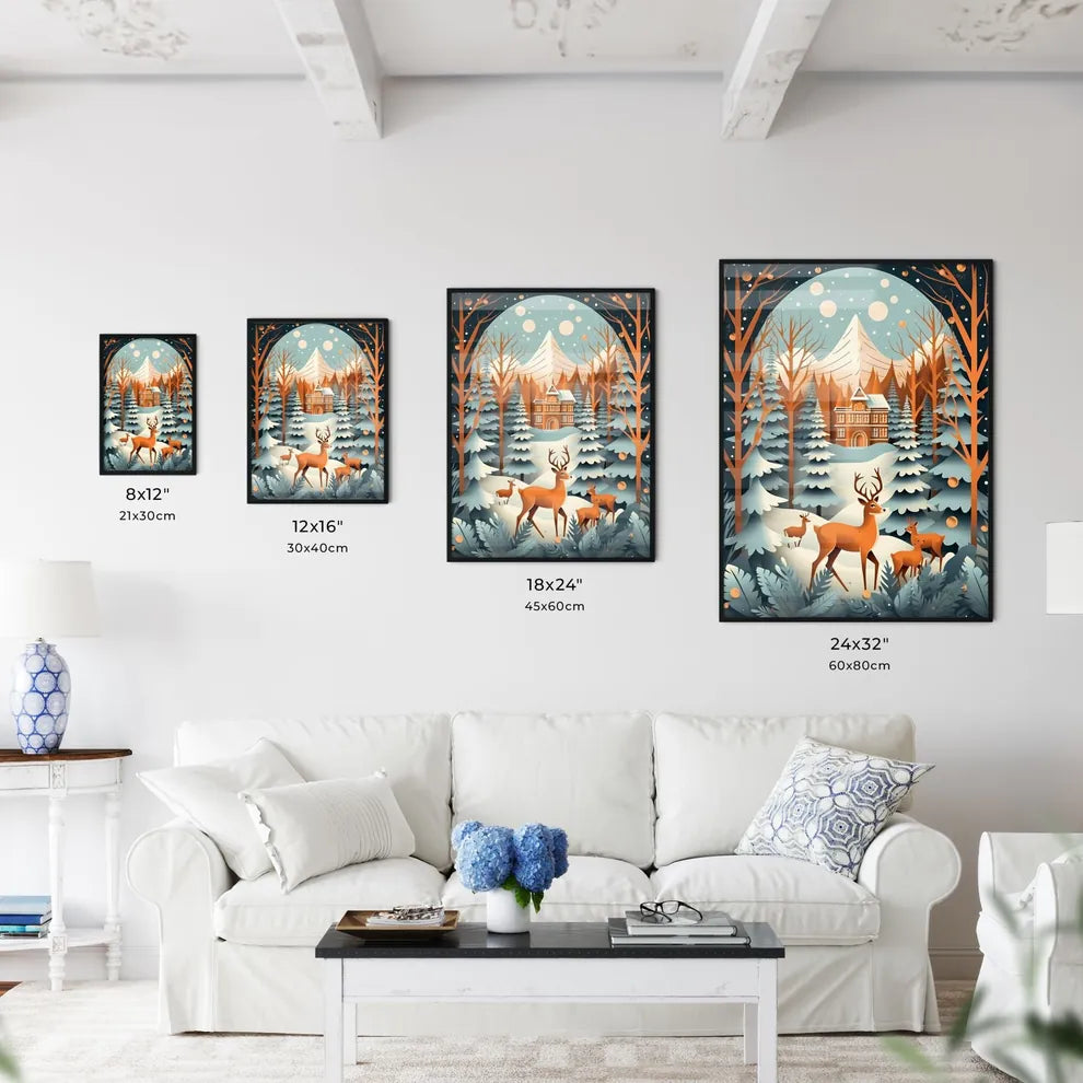Group Of Deer In A Snowy Fore Art Print