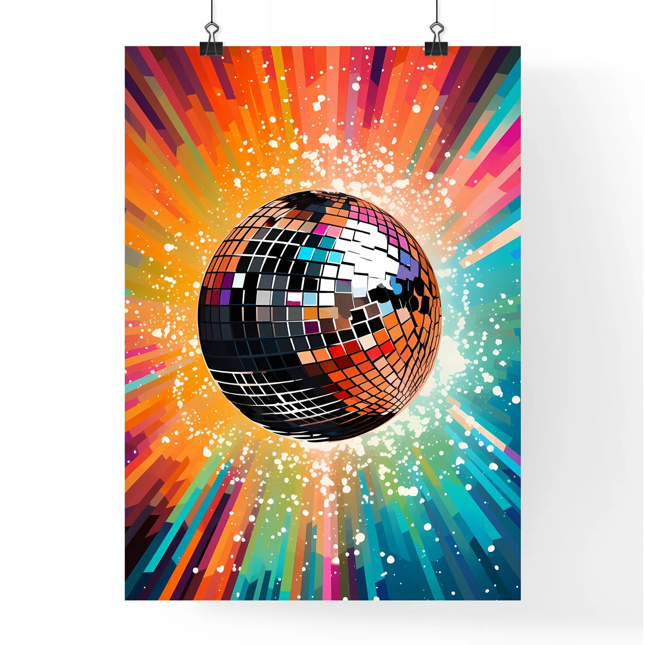Disco Ball With Colorful Rays Art Prin Poster