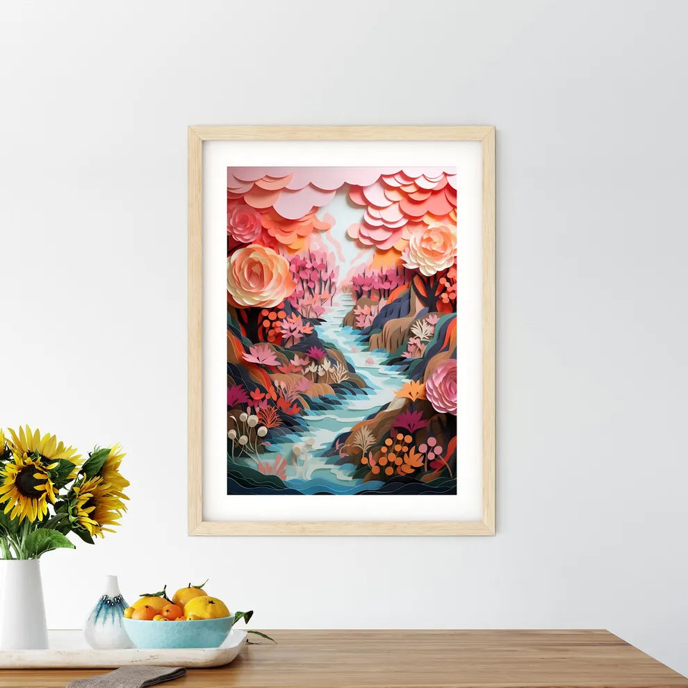 Paper Cut Out Of Flowers And A River Art Pri - Kitchen Hangings