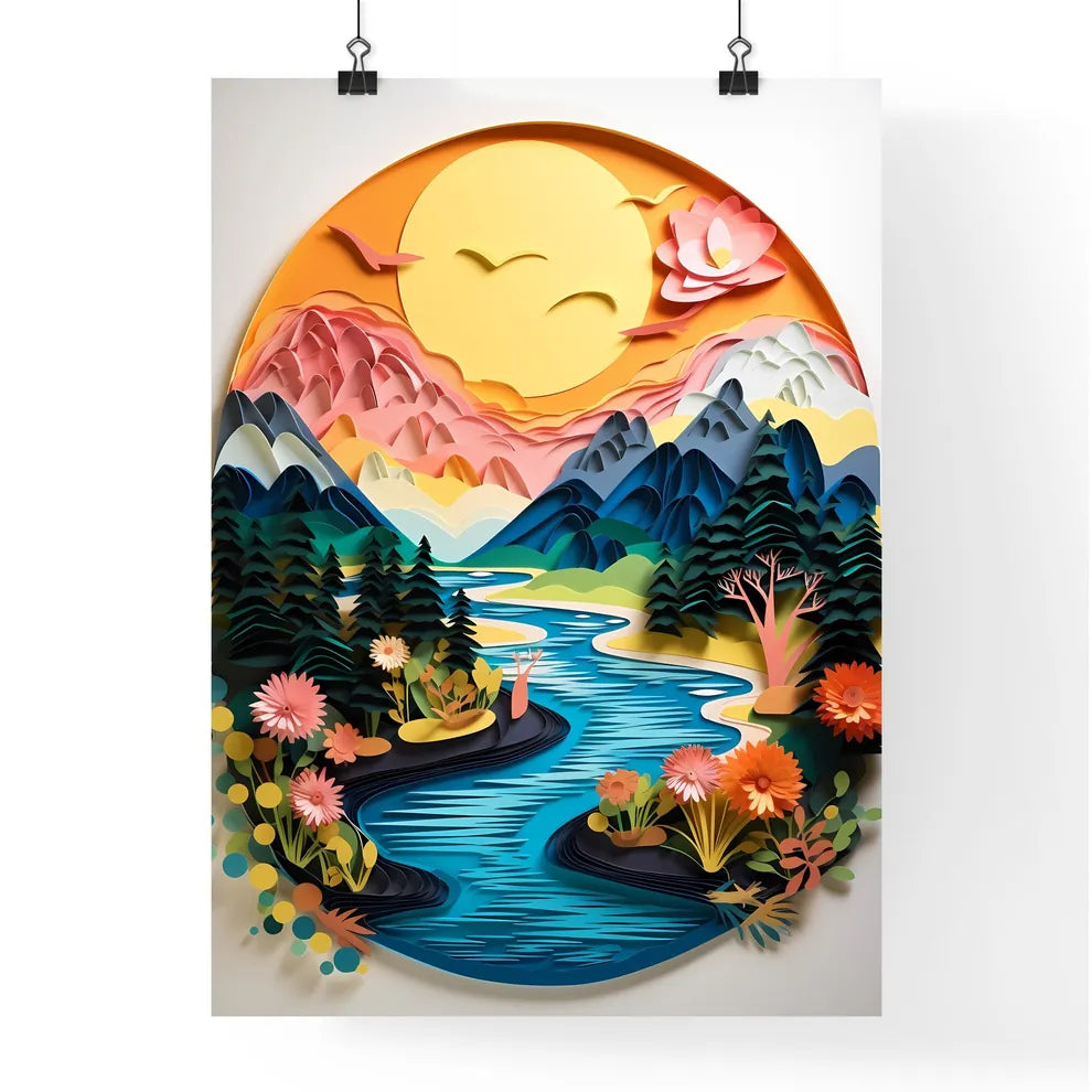 Paper Cut Out Of A River With Flowers And Mo Poster