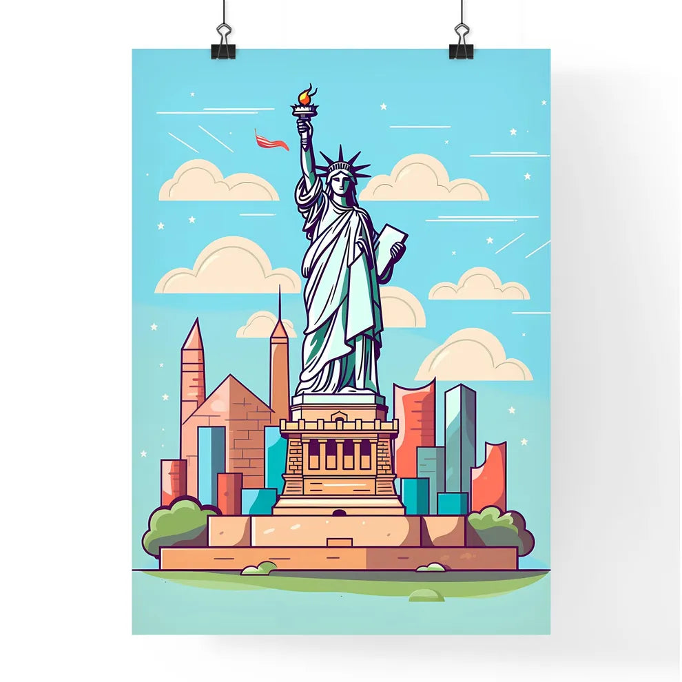 Statue Of Liberty With A City Behind It Art Print Poster