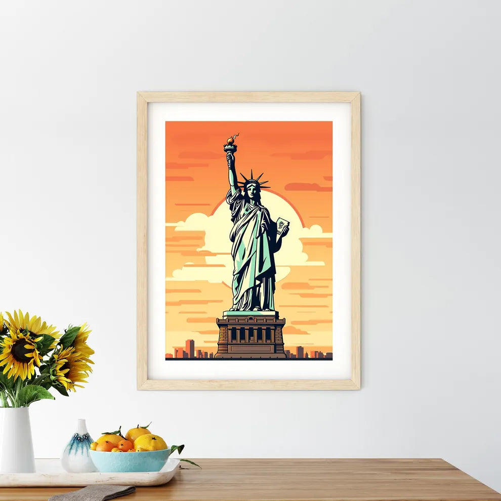 Statue Of Liberty With A Torch And A Book With Statue Of Liberty In The Background Art Print Size Chart