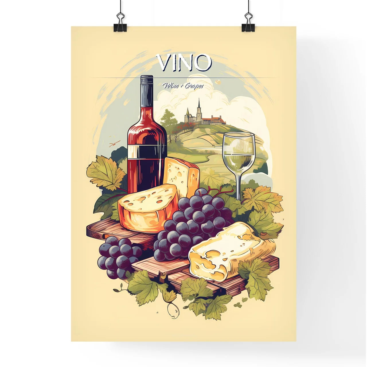 Bottle Of Wine And Grapes Art Prin Poster