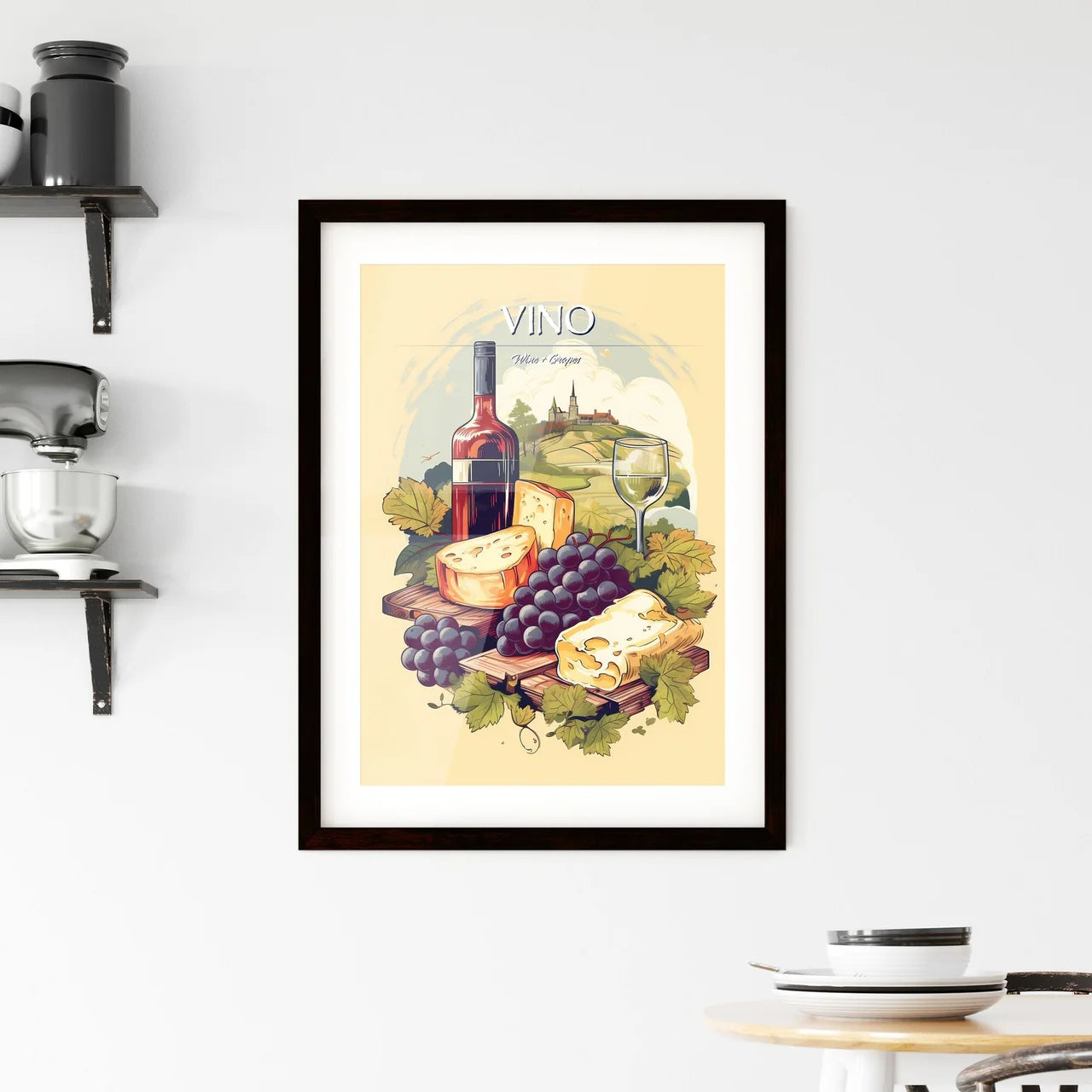 Bottle Of Wine And Grapes Art Prin Framed Print