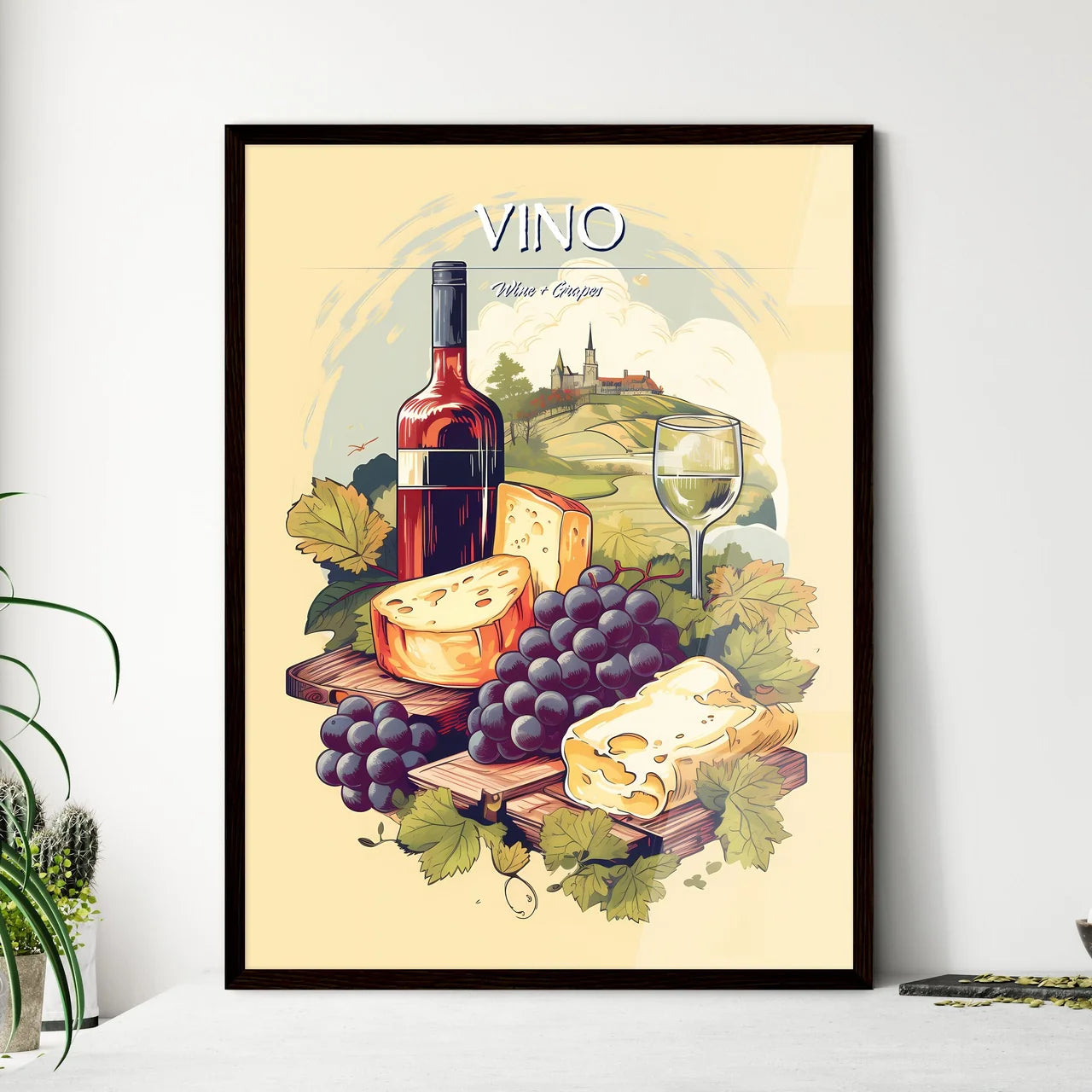 Bottle Of Wine And Grapes Art Prin - Framed Art Print