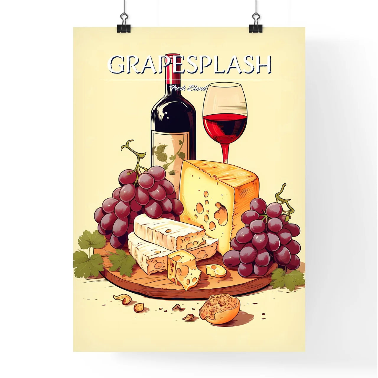 Wine Bottle And Grapes On A Wooden Board Art Poster