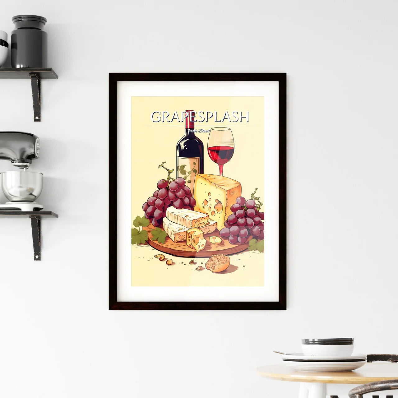 Wine Bottle And Grapes On A Wooden Board Art Framed Print