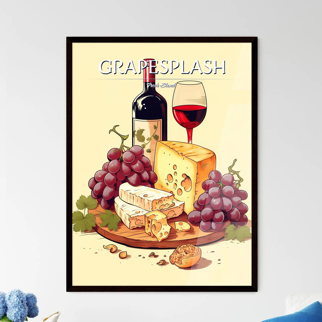 Wine Bottle And Grapes On A Wooden Board Art - Framed Art Print