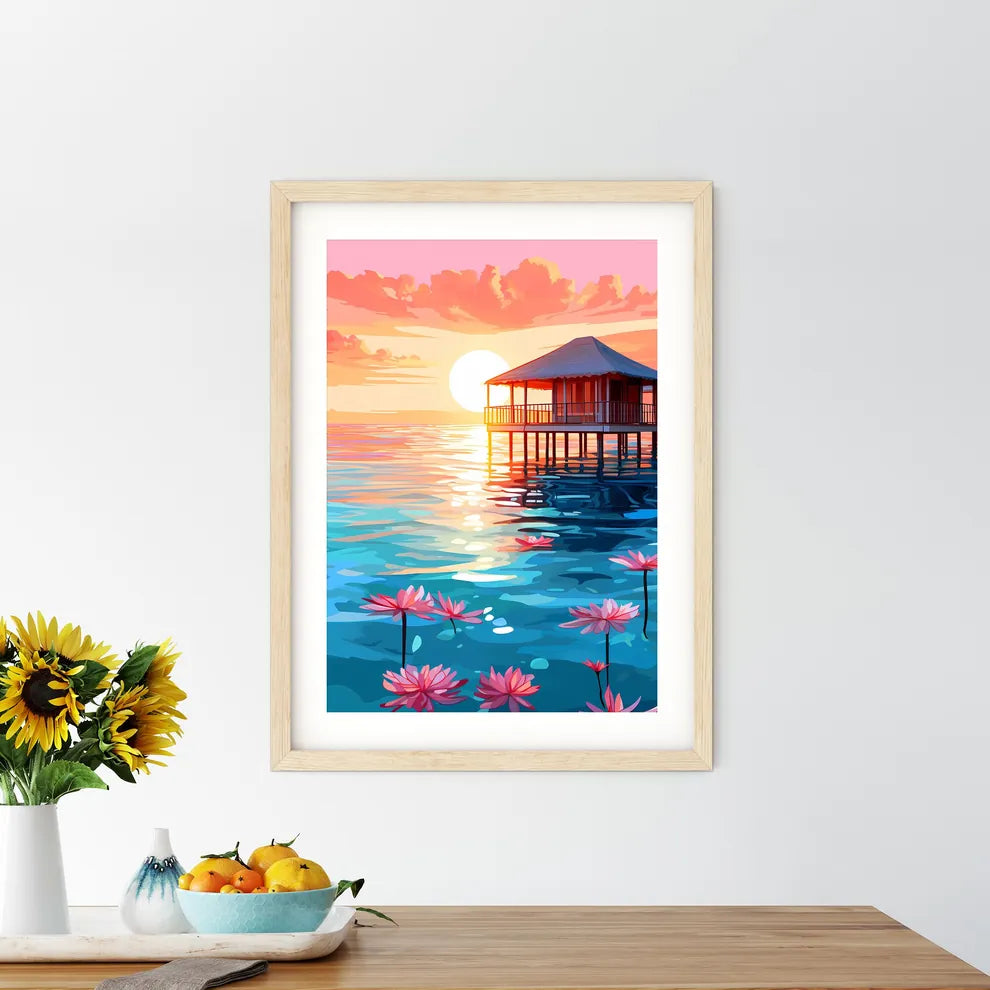 Building On Stilts In Water With Flowers Art - Kitchen Hangings