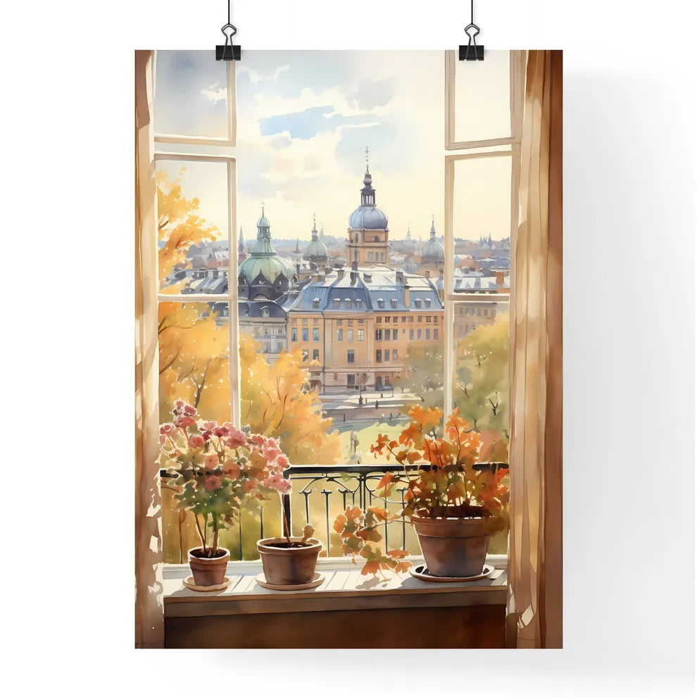 Watercolor Painting Of A Window With A View Of A City And Trees Art Print Poster