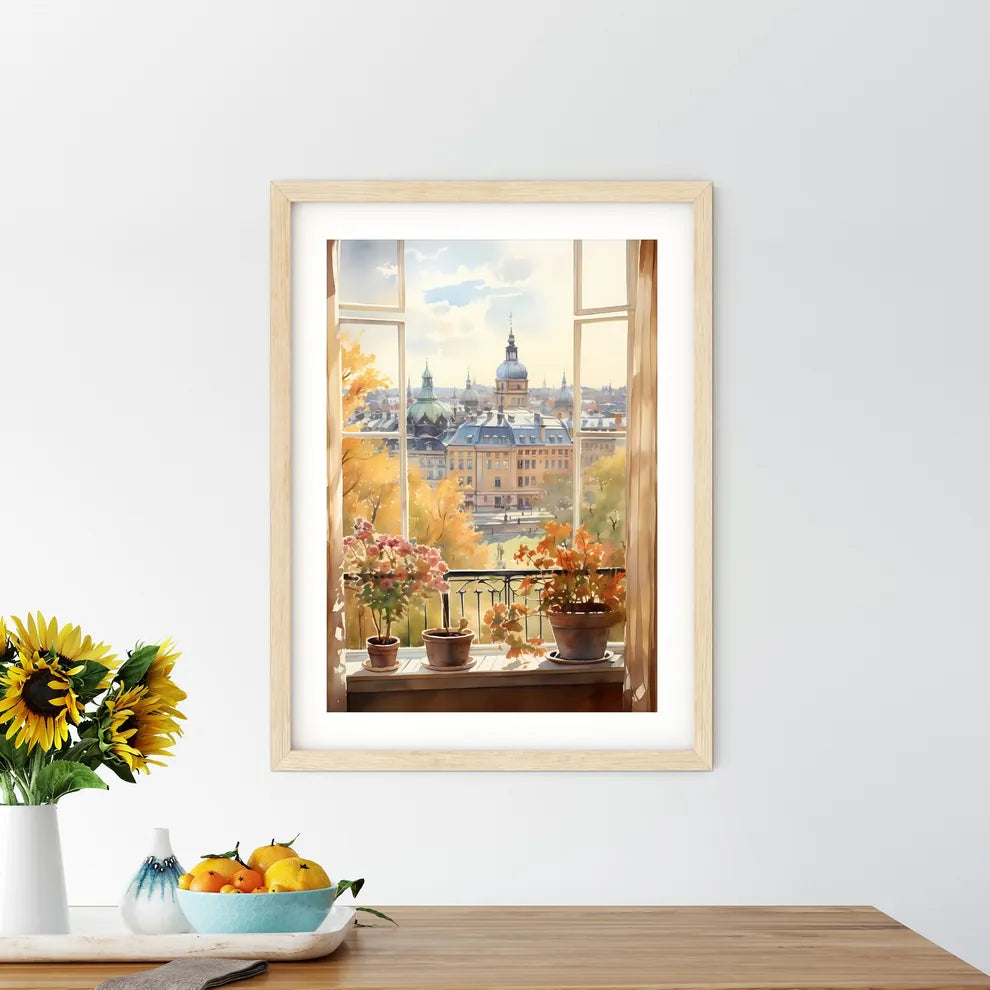 Watercolor Painting Of A Window With A View Of A City And Trees Art Print Size Chart