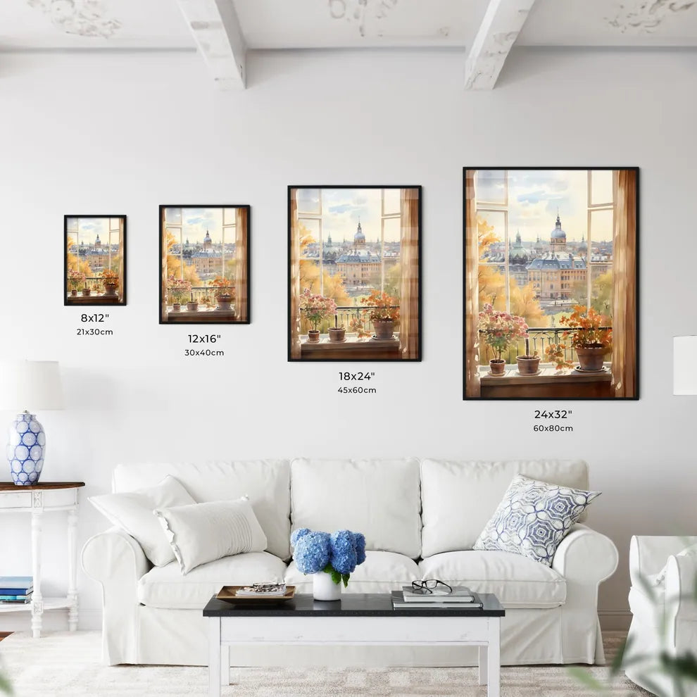 Watercolor Painting Of A Window With A View Of A City And Trees Art Print Interior Design