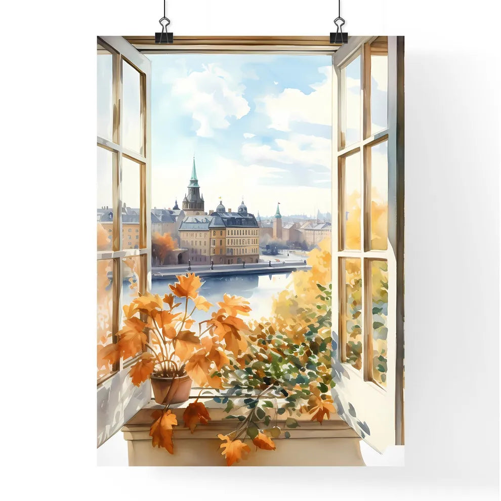 Watercolor Painting Of A Window With A View Of A City And A River Art Print Poster