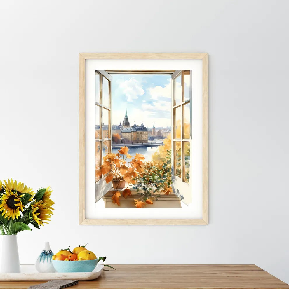 Watercolor Painting Of A Window With A View Of A City And A River Art Print Size Chart