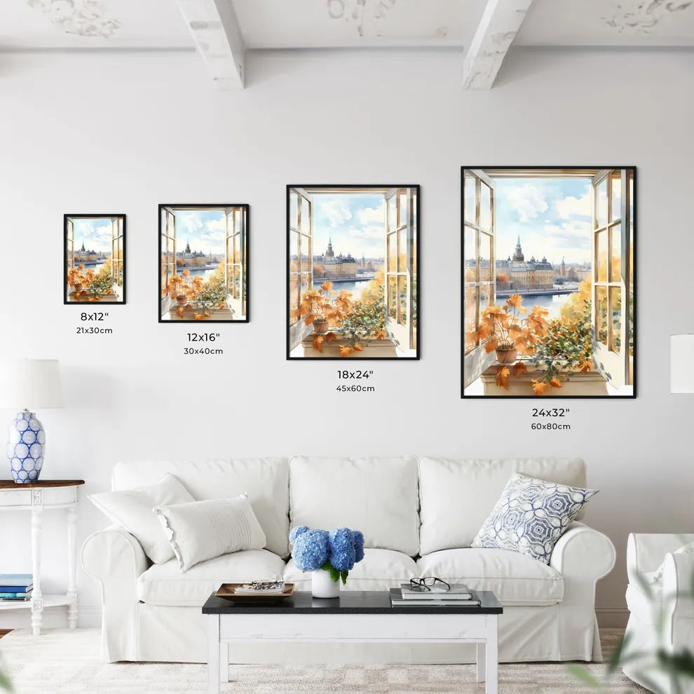 Watercolor Painting Of A Window With A View Of A City And A River Art Print Interior Design