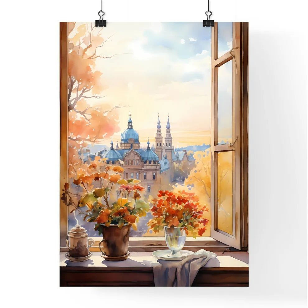 Window With A View Of A Castle And Flowers Art Print Poster