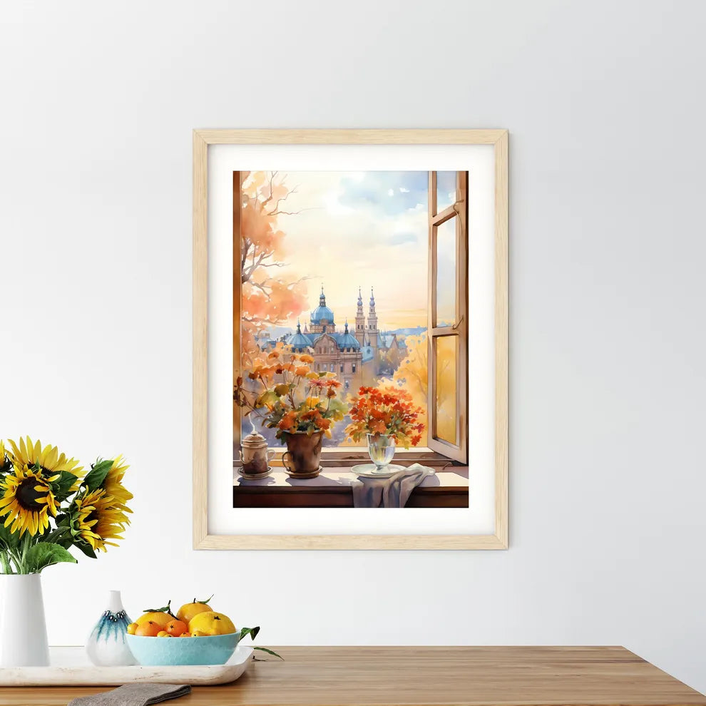 Window With A View Of A Castle And Flowers Art Print Size Chart