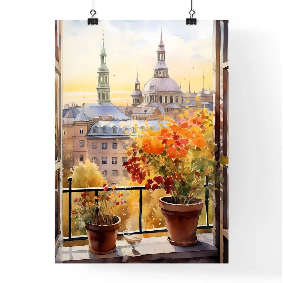 Watercolor Painting Of A Window With A View Of A City And Buildings Art Print Poster