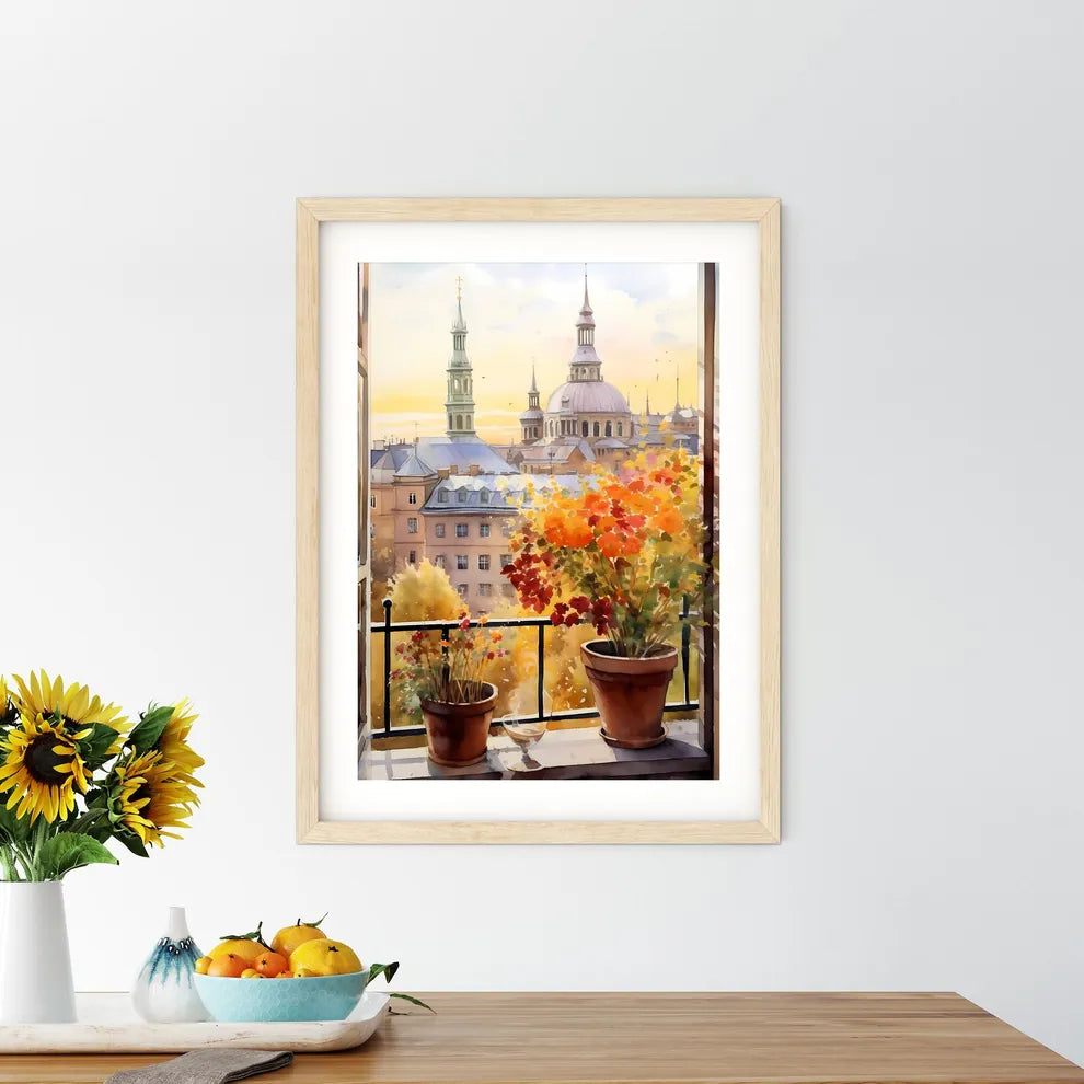 Watercolor Painting Of A Window With A View Of A City And Buildings Art Print Size Chart