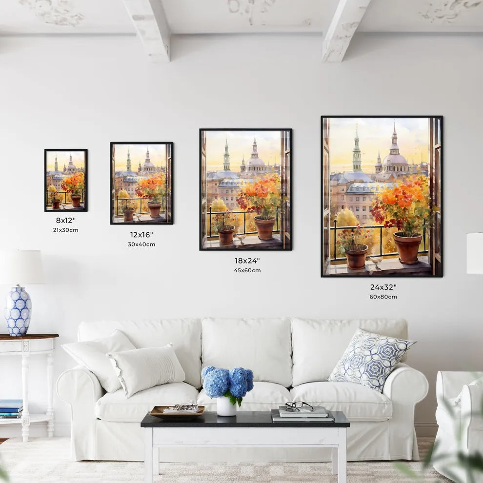 Watercolor Painting Of A Window With A View Of A City And Buildings Art Print Interior Design
