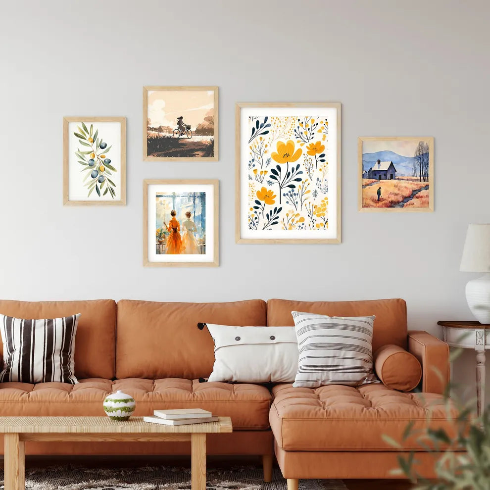 Pattern Of Yellow Flowers And Blue Leaves Ar Framed Print