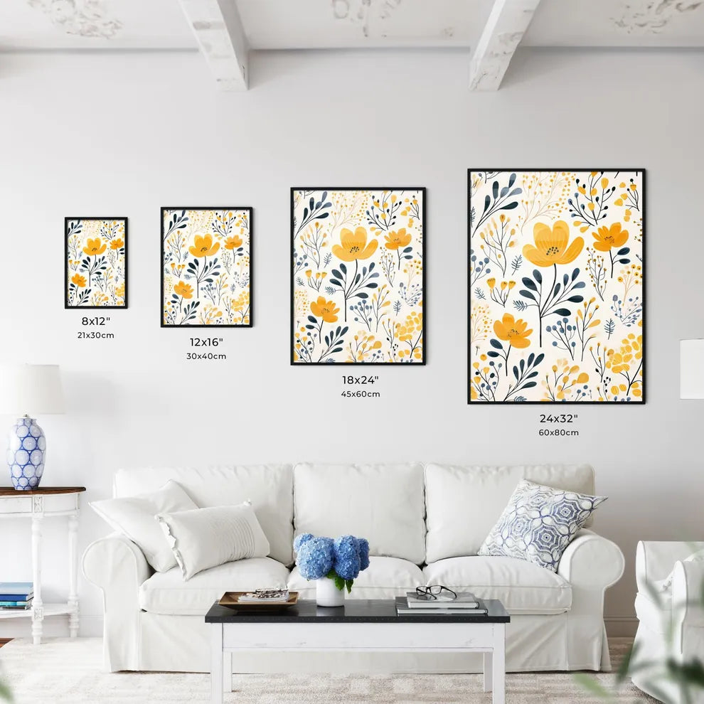 Pattern Of Yellow Flowers And Blue Leaves Ar Wall Art