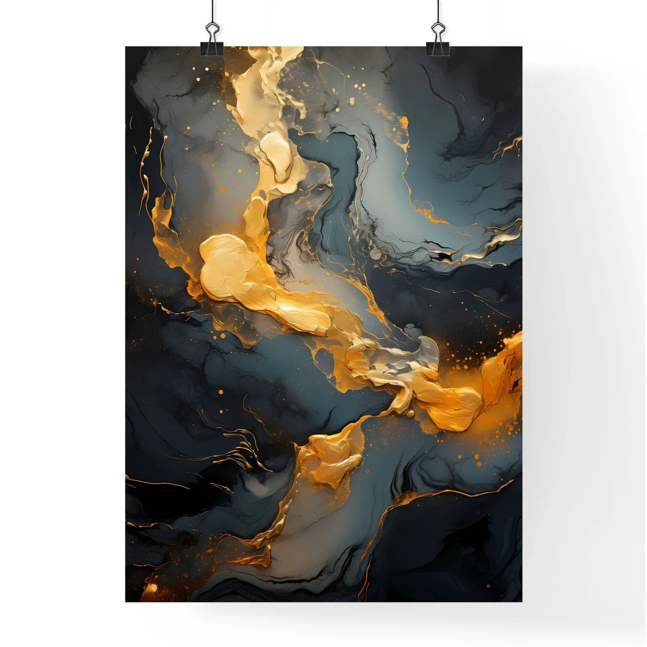 Black And Gold Liquid With Gold Splatters Ar Poster