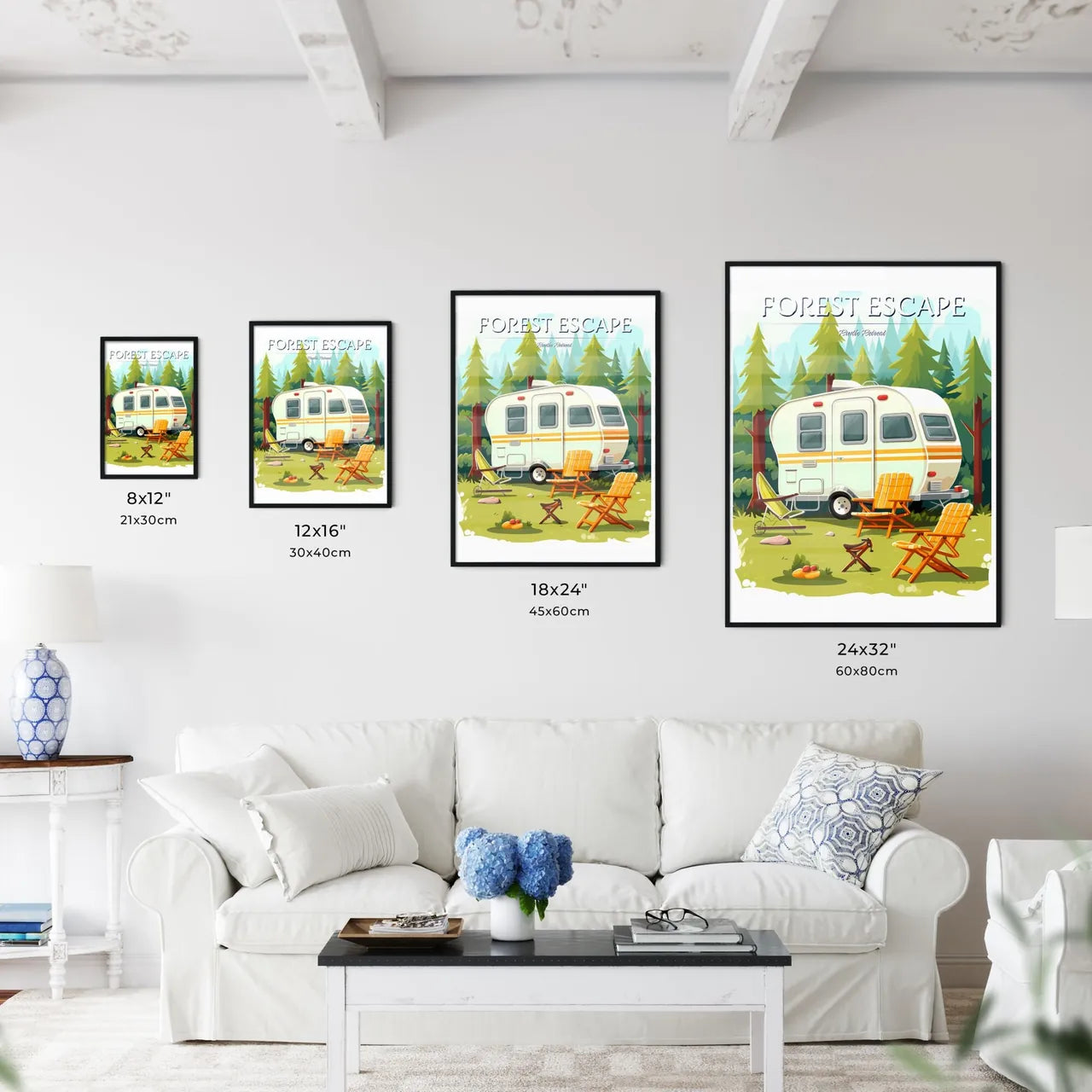 Camper Trailer And Chairs In A Forest Art Pr - Kitchen Hangings