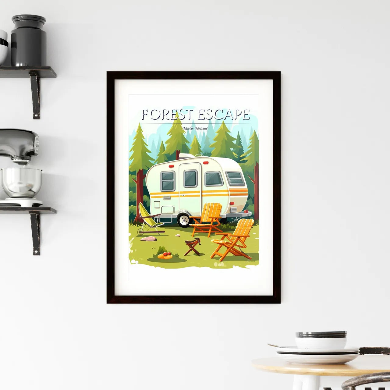 Camper Trailer And Chairs In A Forest Art Pr Framed Print