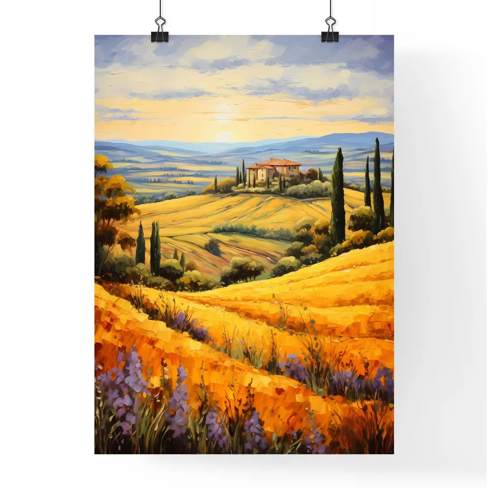 Painting Of A House In A Field Of Yellow Flo Poster