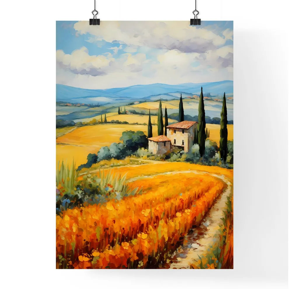 Painting Of A House In A Field Of Flowers Ar Poster