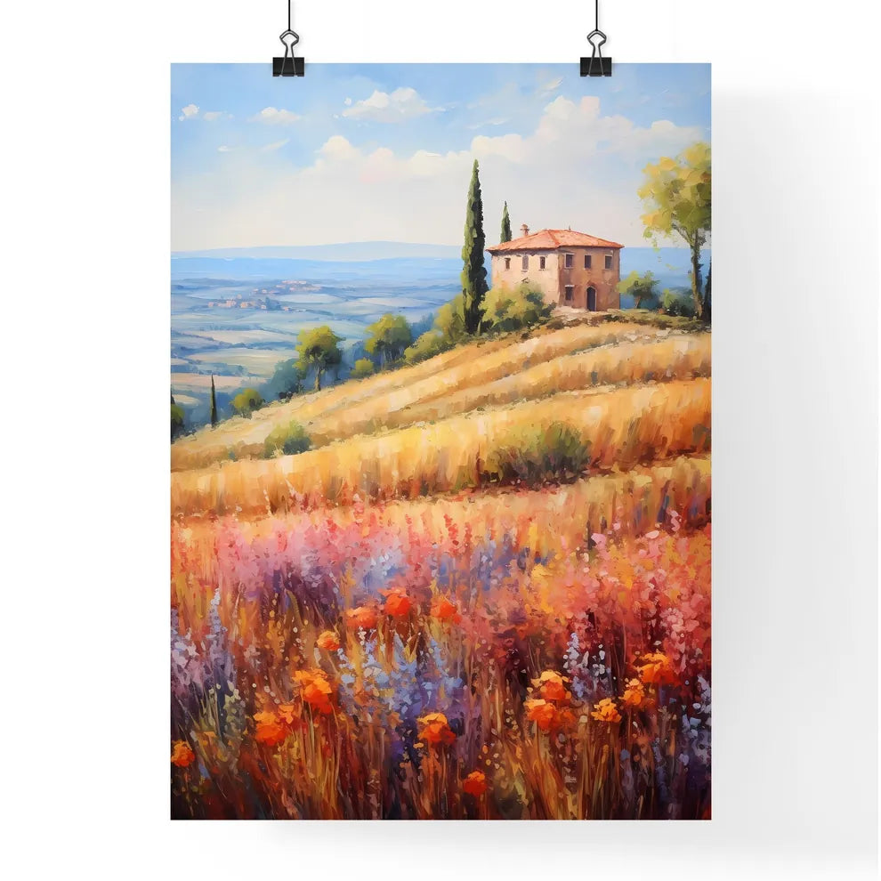 Painting Of A House On A Hill With Flowers A Poster