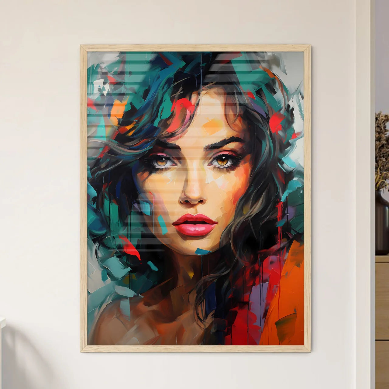 Painting Of A Woman With Colorful Paint On H - Framed Art Print