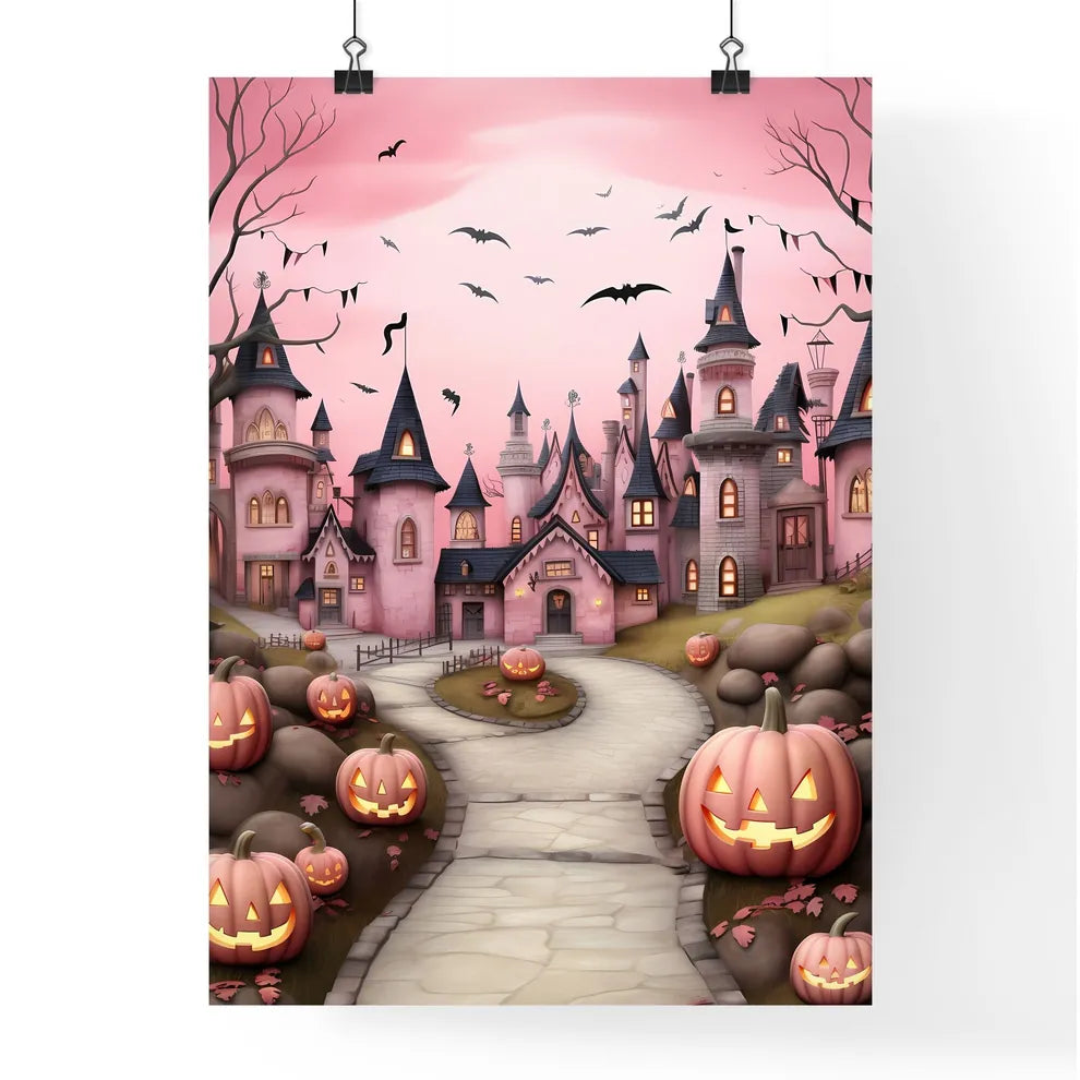 Pink Castle With Pumpkins And Bats Art Print Poster