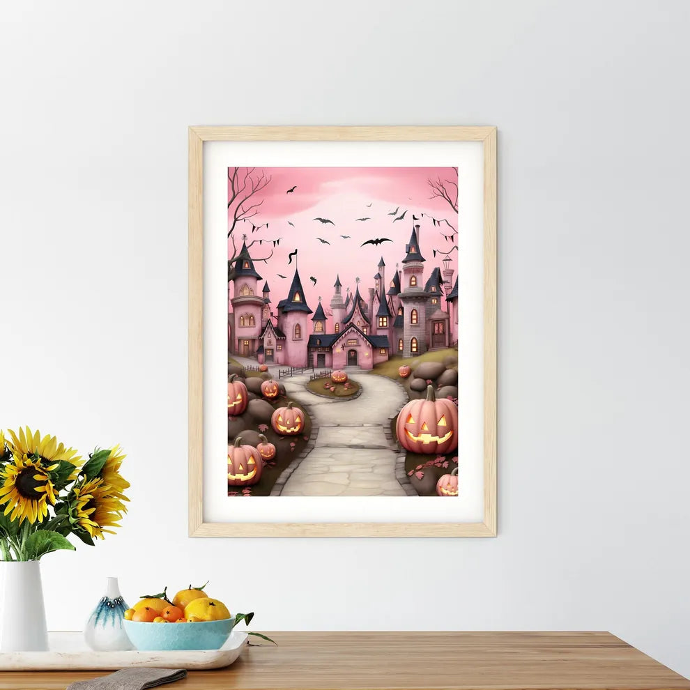 Pink Castle With Pumpkins And Bats Art Print Size Chart