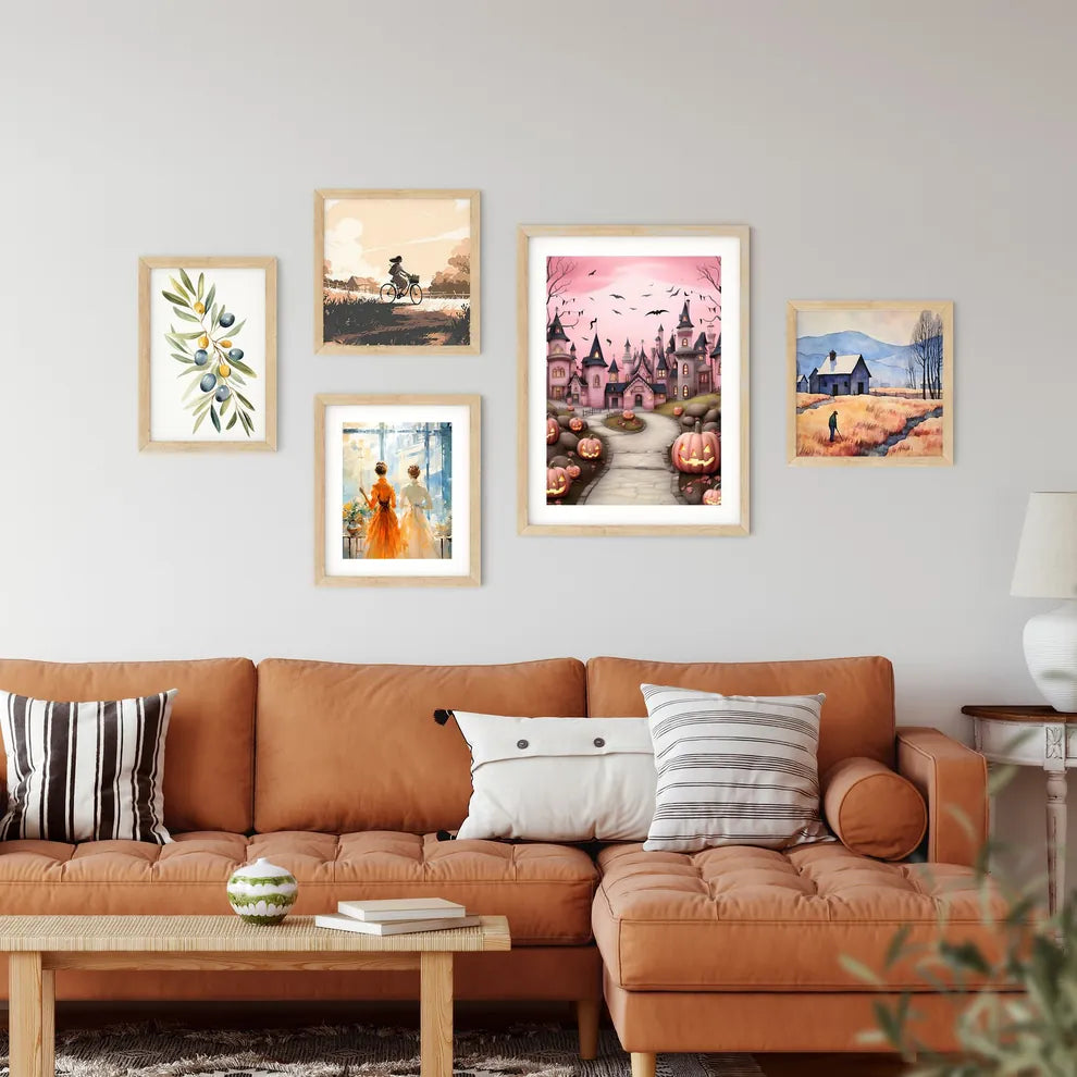 Pink Castle With Pumpkins And Bats Art Print Custom Print