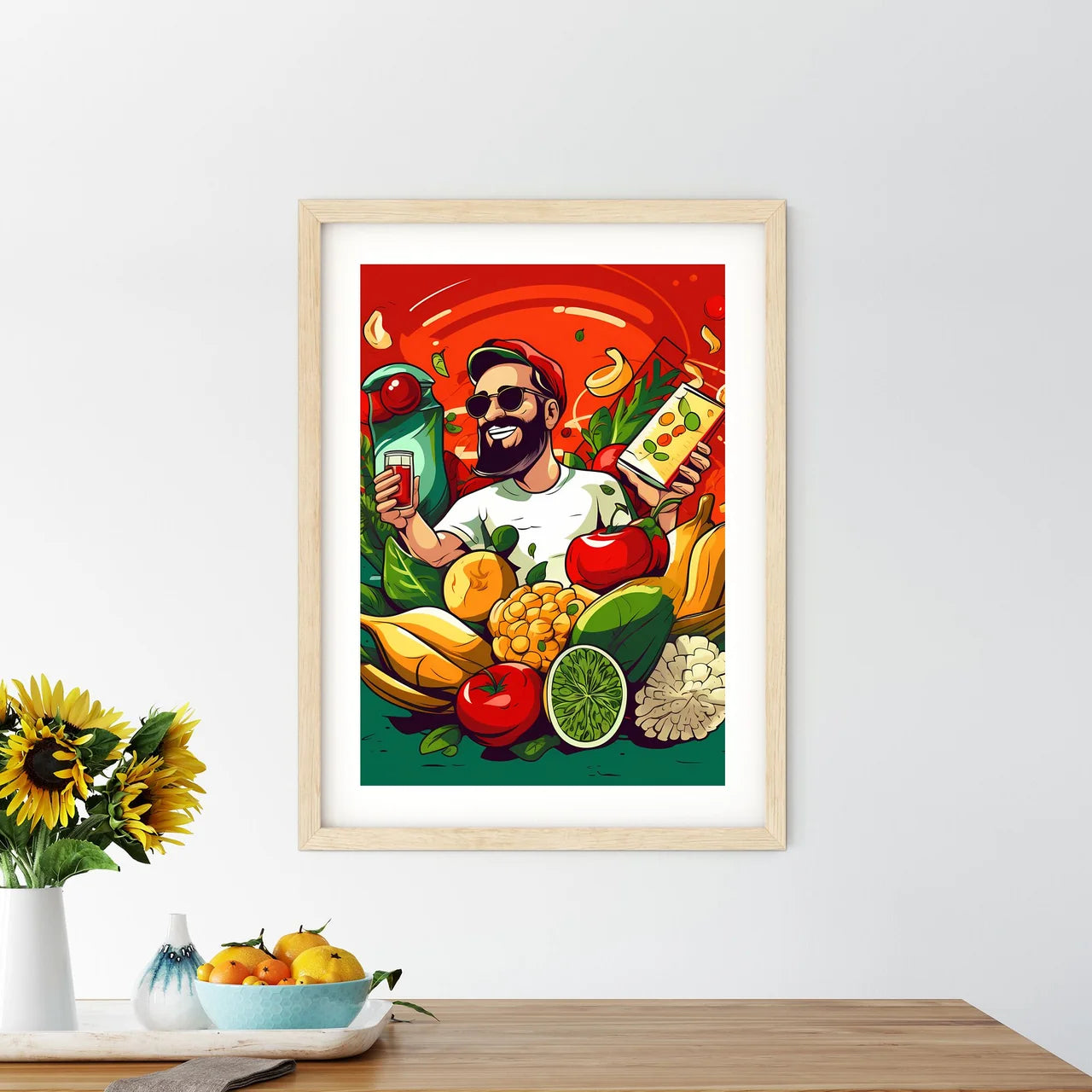 Man Holding A Juice And A Variety Of Fruits  - Kitchen Hangings