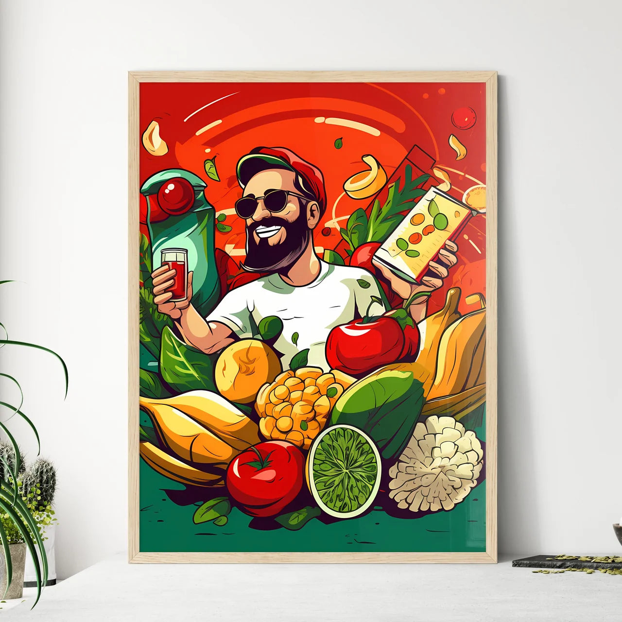 Man Holding A Juice And A Variety Of Fruits  - Framed Art Print