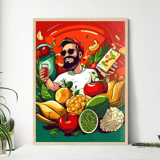 Man Holding A Juice And A Variety Of Fruits  - Framed Art Print